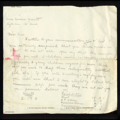 Letter from Mrs K Wynn to War Service Grants